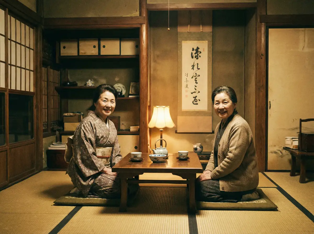 两位优雅的 桥本有菜 在日式茶室中品茶交谈